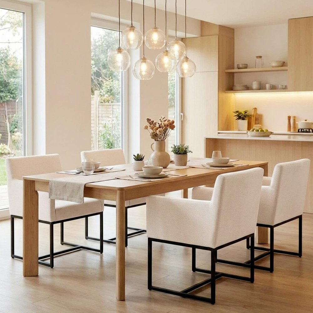VESCASA Linen Upholstered Dining Chairs with Arms Set of 4, Mid Century Modern Padded Kitchen Chairs with Black Metal Frame for Restaurant, Dining Room, Cream