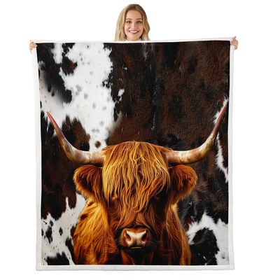 Cow Skin Texture Kids Throw Blanket,Highland Cow Fur Farmhouse Bed Blanket,Girls Boys Adults Home/Guest Room Decor,Rustic Vintage Fleece Blanket,Brown Grey Fuzzy Blanket,Twin Size (60 x 80 Inches)