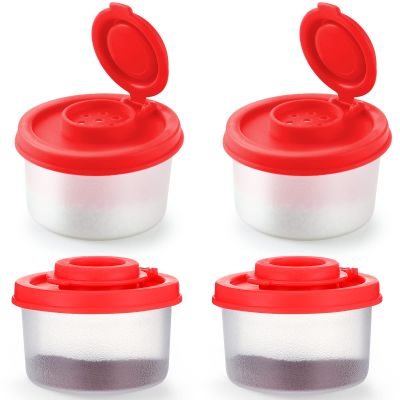 4 Pcs Salt and Pepper Shakers Set Mini Plastic Pepper Shaker with Lid Damp Proof Popcorn Containers Clear Spice Jars Salt Shaker for Travel Camping Picnic Lunch Dining Kitchen (Red, Small)