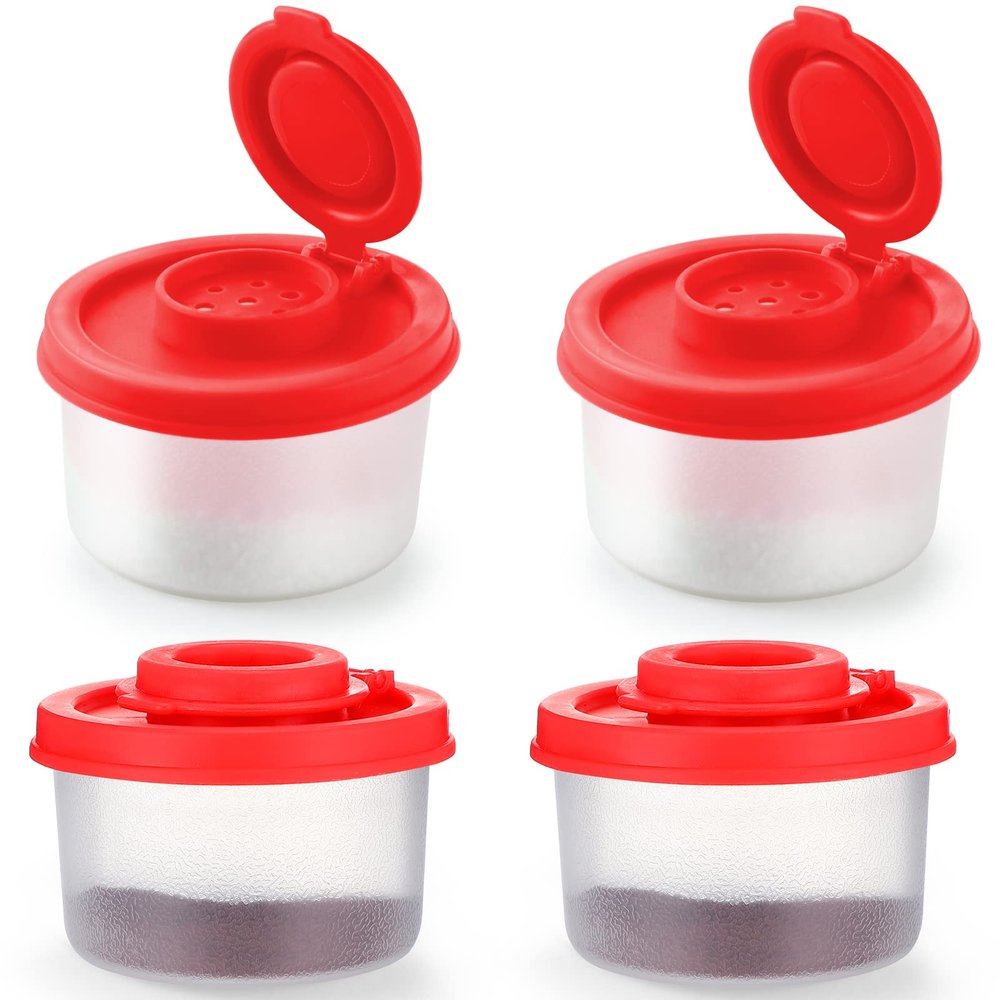 4 Pcs Salt and Pepper Shakers Set Mini Plastic Pepper Shaker with Lid Damp Proof Popcorn Containers Clear Spice Jars Salt Shaker for Travel Camping Picnic Lunch Dining Kitchen (Red, Small)