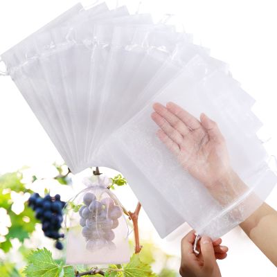 50pcs Fruit Protection Bags 6x9 inch, White Mesh Drawstring Netting Cover Bags for Grapes, Mango, Fruit Trees, Vegetables - Pest Barrier and Fruit Protectors for Garden and Plant Fruit Flower
