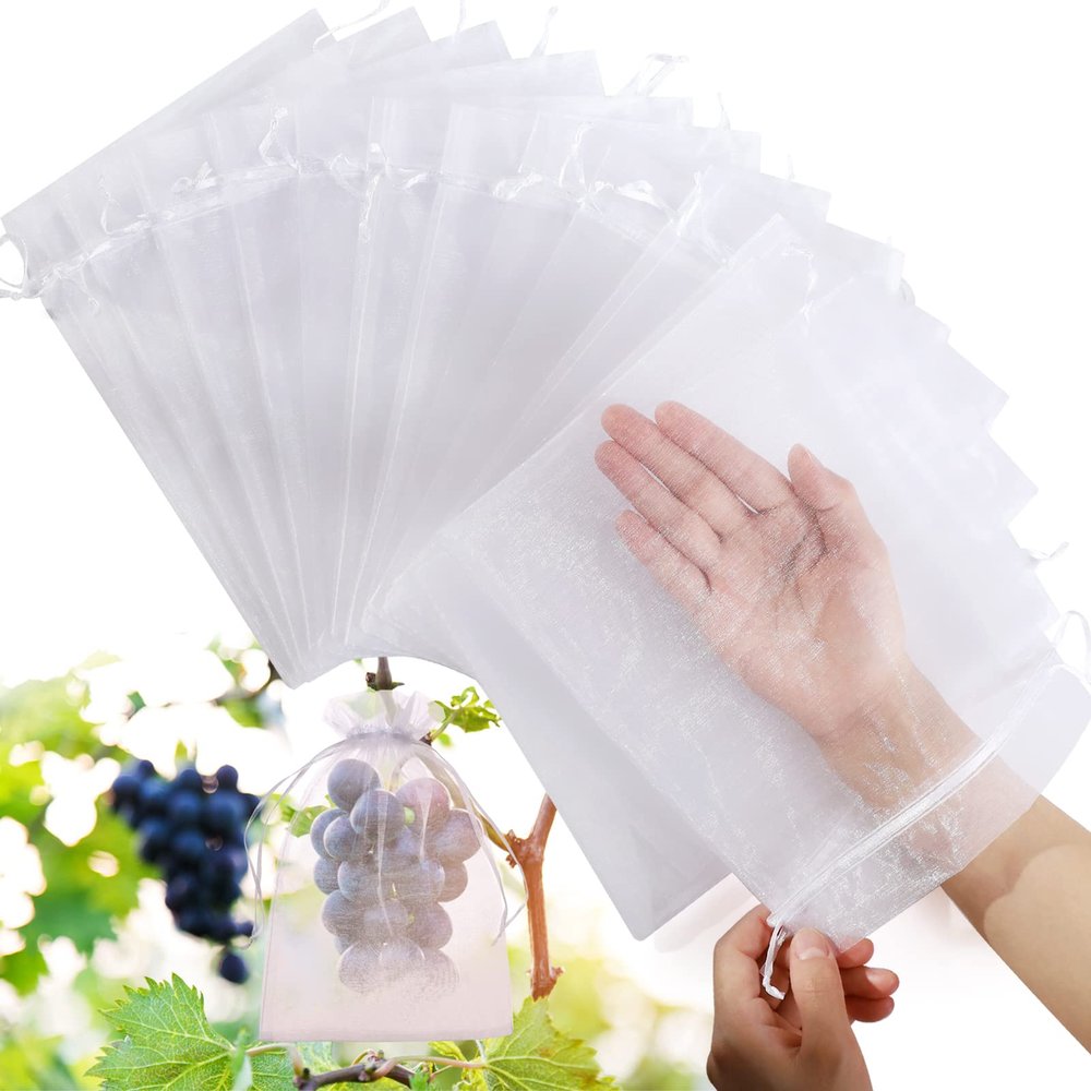 50pcs Fruit Protection Bags 6x9 inch, White Mesh Drawstring Netting Cover Bags for Grapes, Mango, Fruit Trees, Vegetables - Pest Barrier and Fruit Protectors for Garden and Plant Fruit Flower