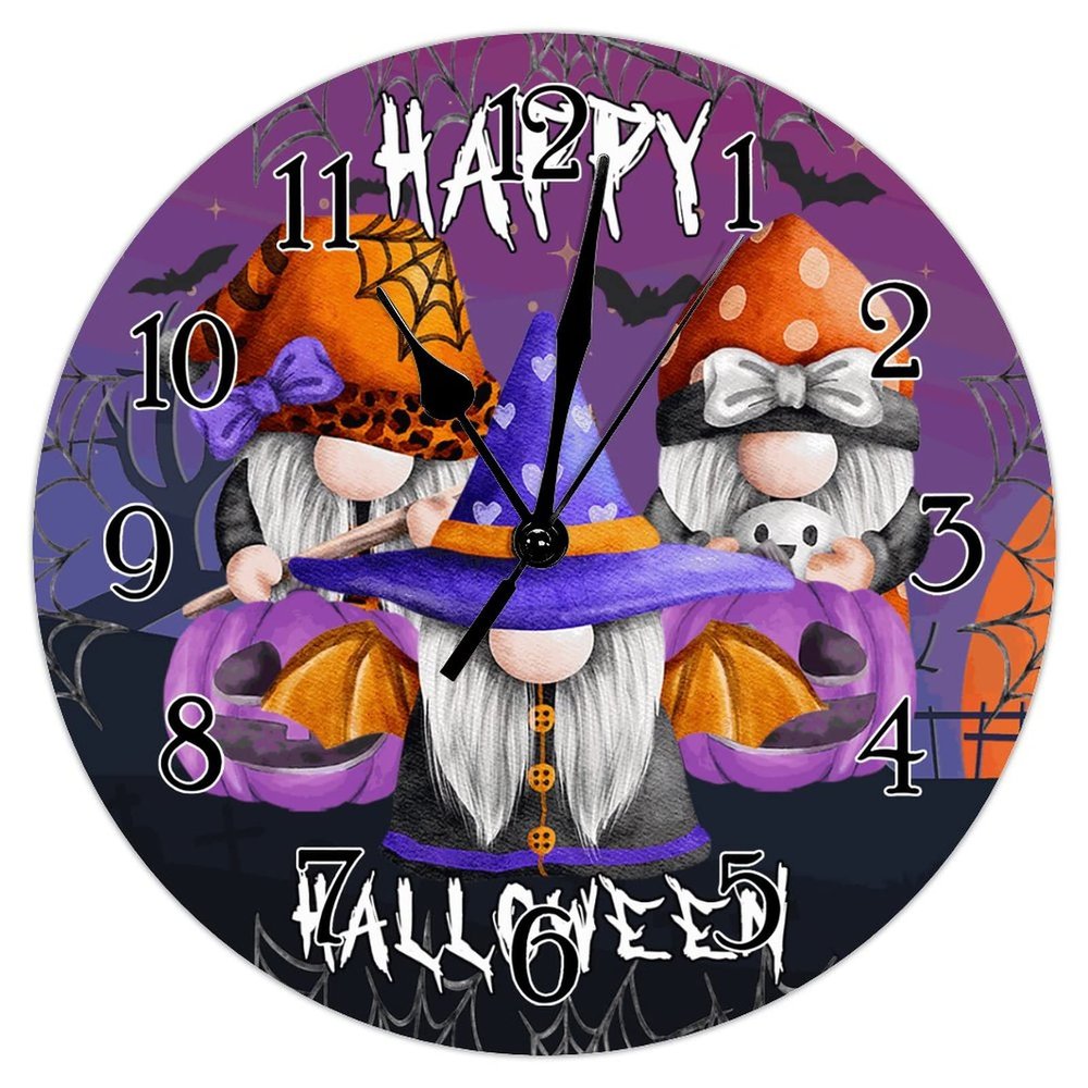 Round Wall Clock Spooky Graveyard Gnomes Pumpkin Bat Wood Clock Battery Operated Clock Happy Halloween Scary Night Wood Clocks Fall Decor Gnomes Ghost Clock for Living Room 10inch