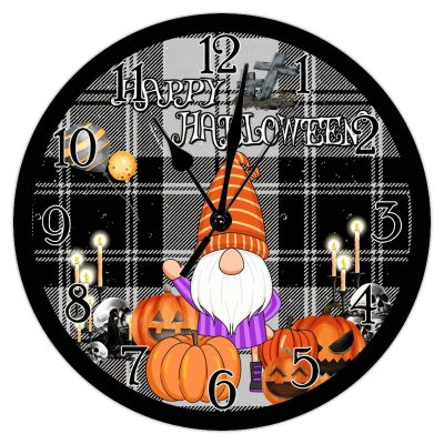 Round Art Clock Black Buffalo Plaid Gnome Scary Pumpkin Clocks Battery Operated Clock Happy Halloween Spooky Graveyard Clocks for Wall Halloween Magical Decor Clock for Living Room 15inch