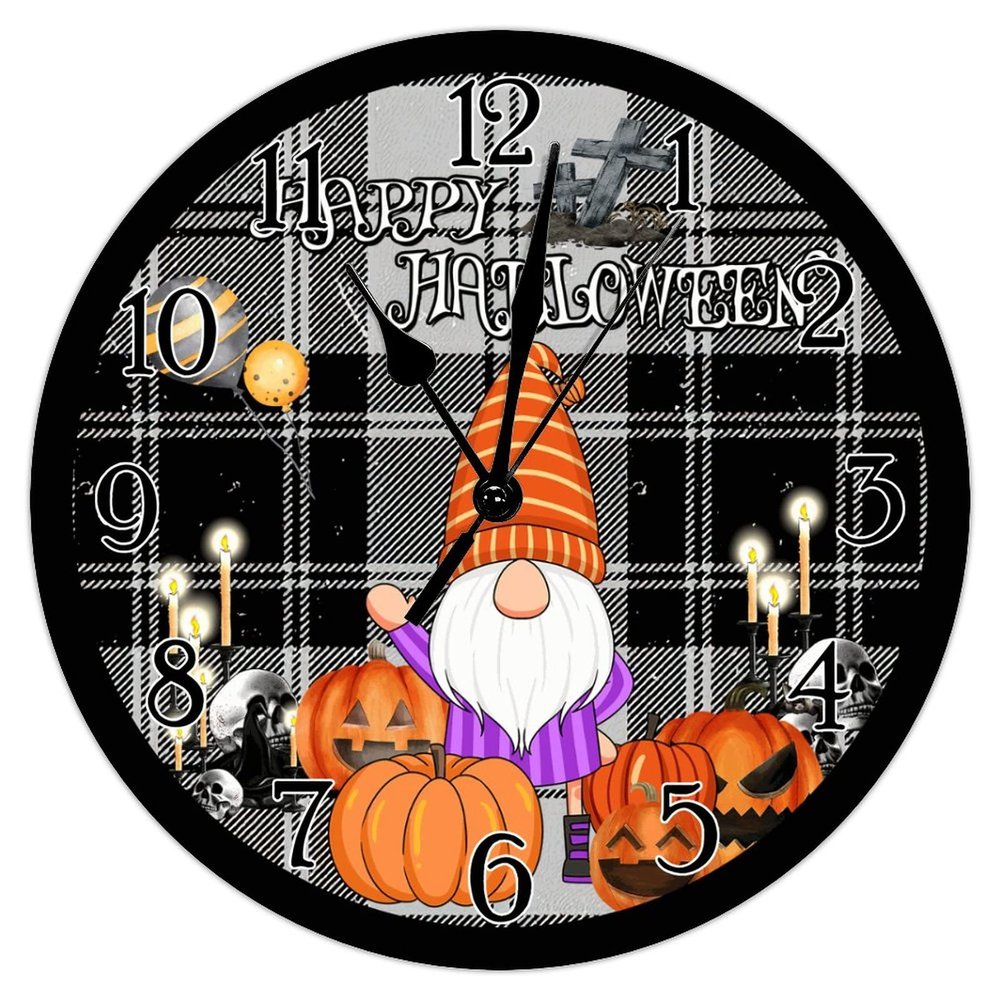 Round Art Clock Black Buffalo Plaid Gnome Scary Pumpkin Clocks Battery Operated Clock Happy Halloween Spooky Graveyard Clocks for Wall Halloween Magical Decor Clock for Living Room 15inch