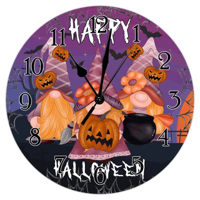 Spooky Graveyard Gnomes Pumpkin Bat Wooden Decorative Clocks Battery Operated Silent Wood Clock Happy Halloween Scary Night Wall Clock 15inch Round Wall Clock for Laundry Room Bedroom