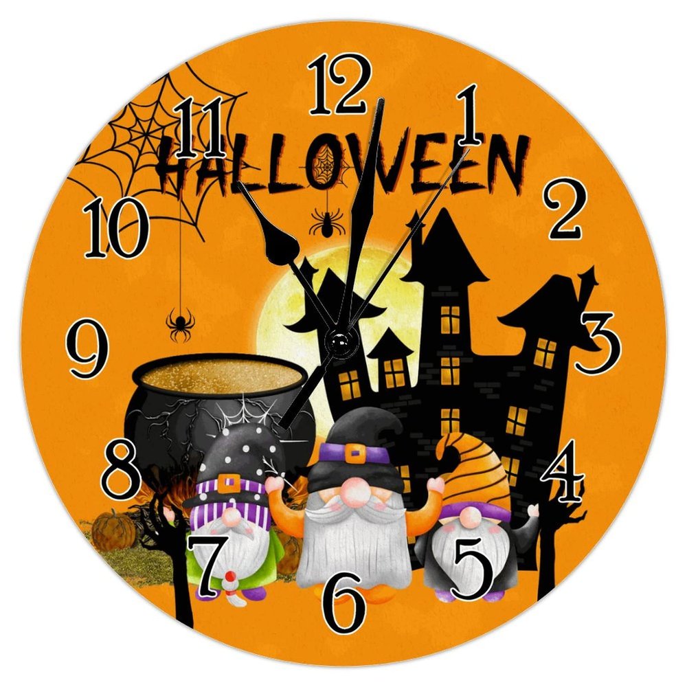 Round Clock for Wall Halloween Haunted House Gnome Clock Battery Operated Clock Halloween Full Moon Wooden Clocks Happy Halloween October 31 Clock for Living Room 15inch Housewarming Gift