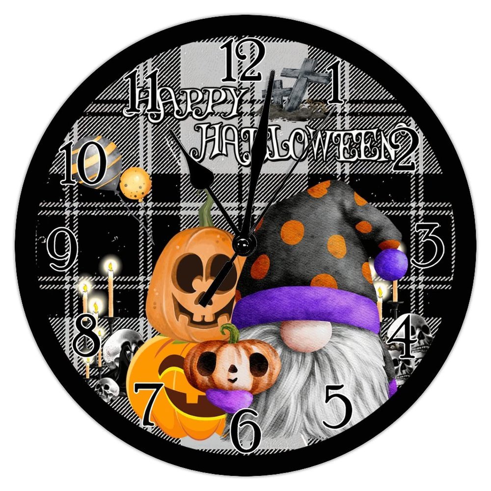 Round Art Clock Black Buffalo Plaid Gnome Scary Pumpkin Wall Clock Battery Operated Clock Happy Halloween Spooky Graveyard Wooden Clocks Happy Boo Season Gnomes Clock for Living Room 10inch