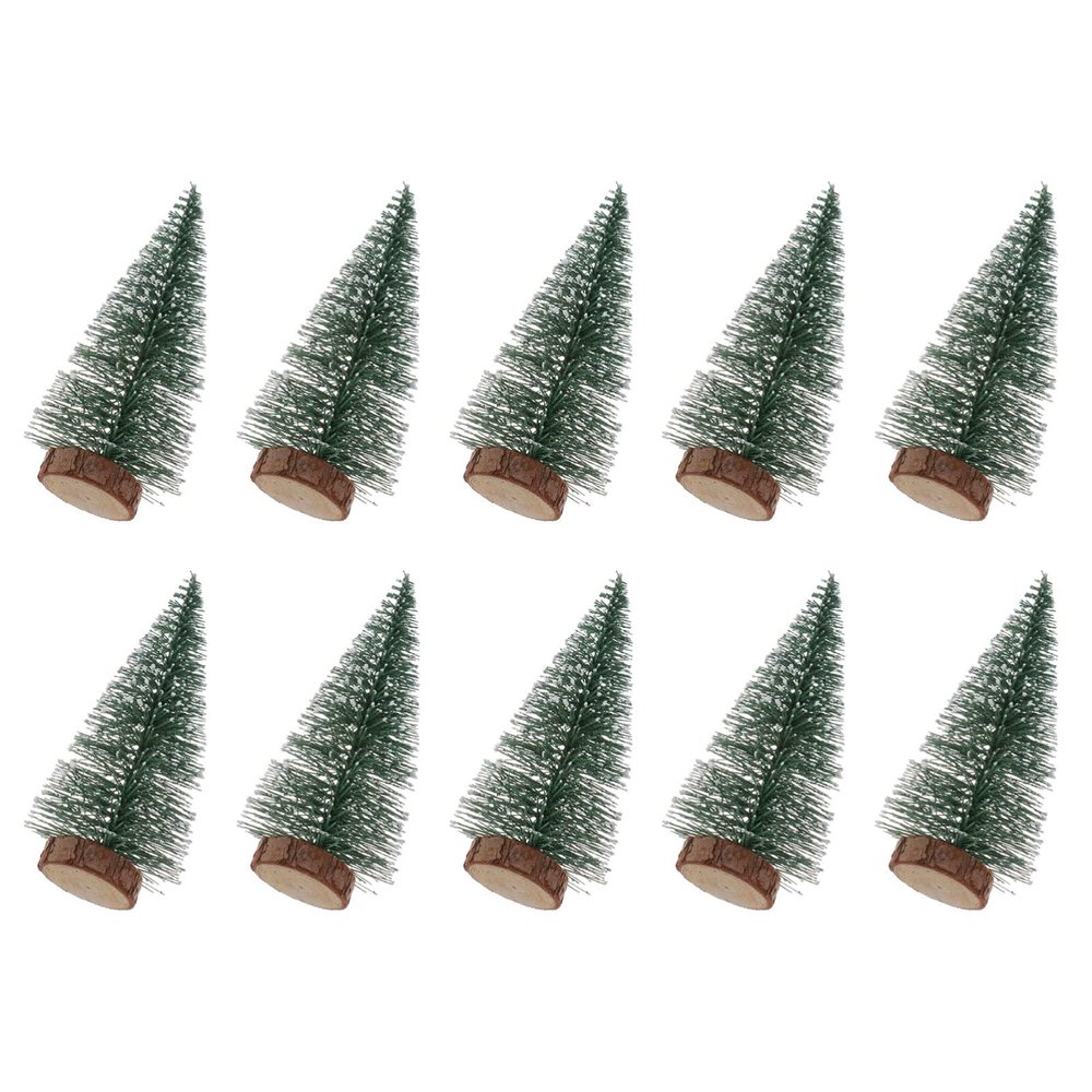 10Pcs 10Cm Mini Sisal Snow Frost Trees Winter Mini Pine with Wood Base Bottle Brush Trees Plastic Winter Snow Ornaments Tabletop Trees for Christmas Decoration and Display