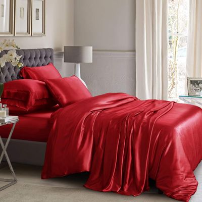 5 Piece Bedding 100% Pure Silk Full Satin Duvet Cover Full (90'' x 90'') Red