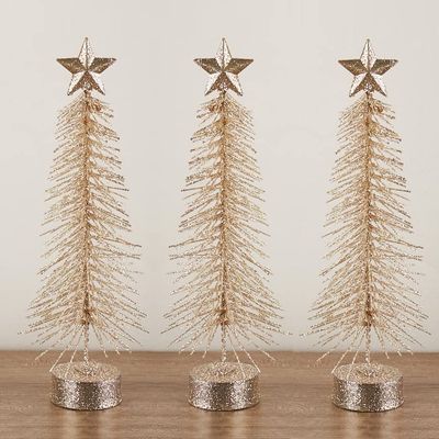 Bottle Brush Trees Champagne Glittered-(3 Pieces) These 10 Inches Tall Bottle Brush Trees Include Matching Base & Star. Great Christmas Decorating Item by Factory Direct Craft