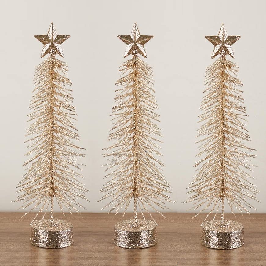 Bottle Brush Trees Champagne Glittered-(3 Pieces) These 10 Inches Tall Bottle Brush Trees Include Matching Base & Star. Great Christmas Decorating Item by Factory Direct Craft