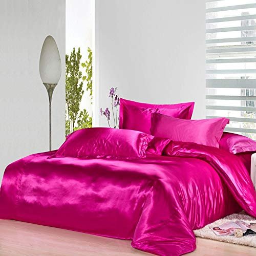 3 Piece Bedding 100% Pure Silk Super King Satin Duvet Cover Super King 120x120 Hot Pink