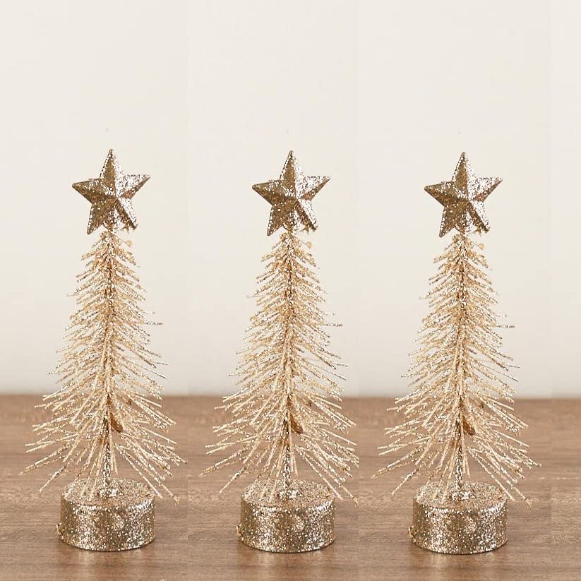 Factory Direct Craft Champagne Glittered 6 Inch Bottle Brush Trees - Set of 3
