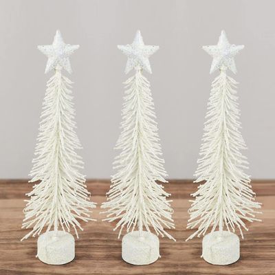Bottle Brush Trees-(3 Pieces) These White Glittered Pine Needle 8 Inch Tall Bottle Brush Trees Have a Matching Star & Base. Great for Holiday & Wintertime Everyday Decorating. by Factory Direct Craft