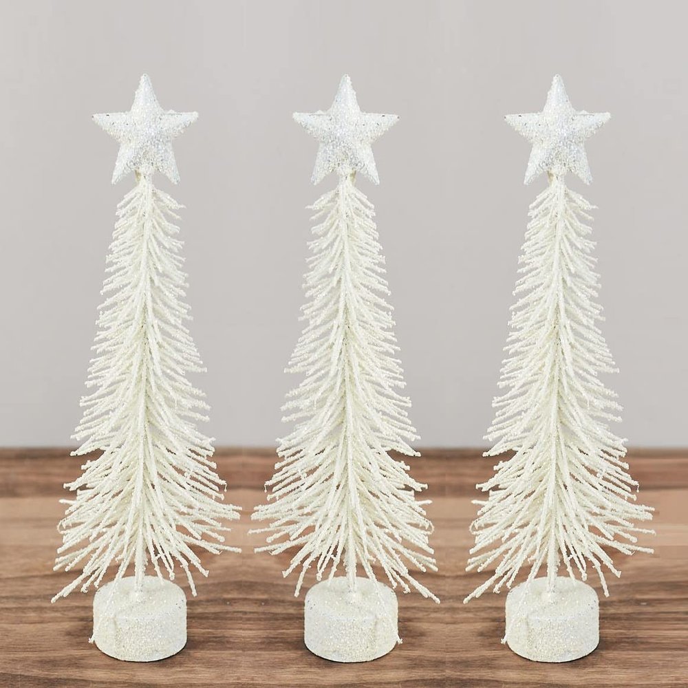 Bottle Brush Trees-(3 Pieces) These White Glittered Pine Needle 8 Inch Tall Bottle Brush Trees Have a Matching Star & Base. Great for Holiday & Wintertime Everyday Decorating. by Factory Direct Craft
