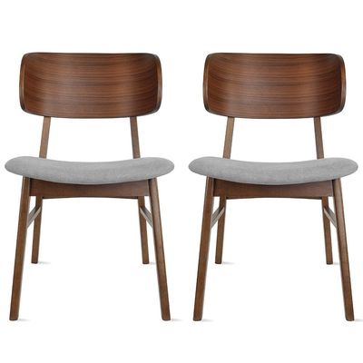 2xhome Modern Farmhouse Walnut Wood Finished Dining Chairs with Elbow Back, Upholstered Fabric Cushion Seat, Set of 2, Gray