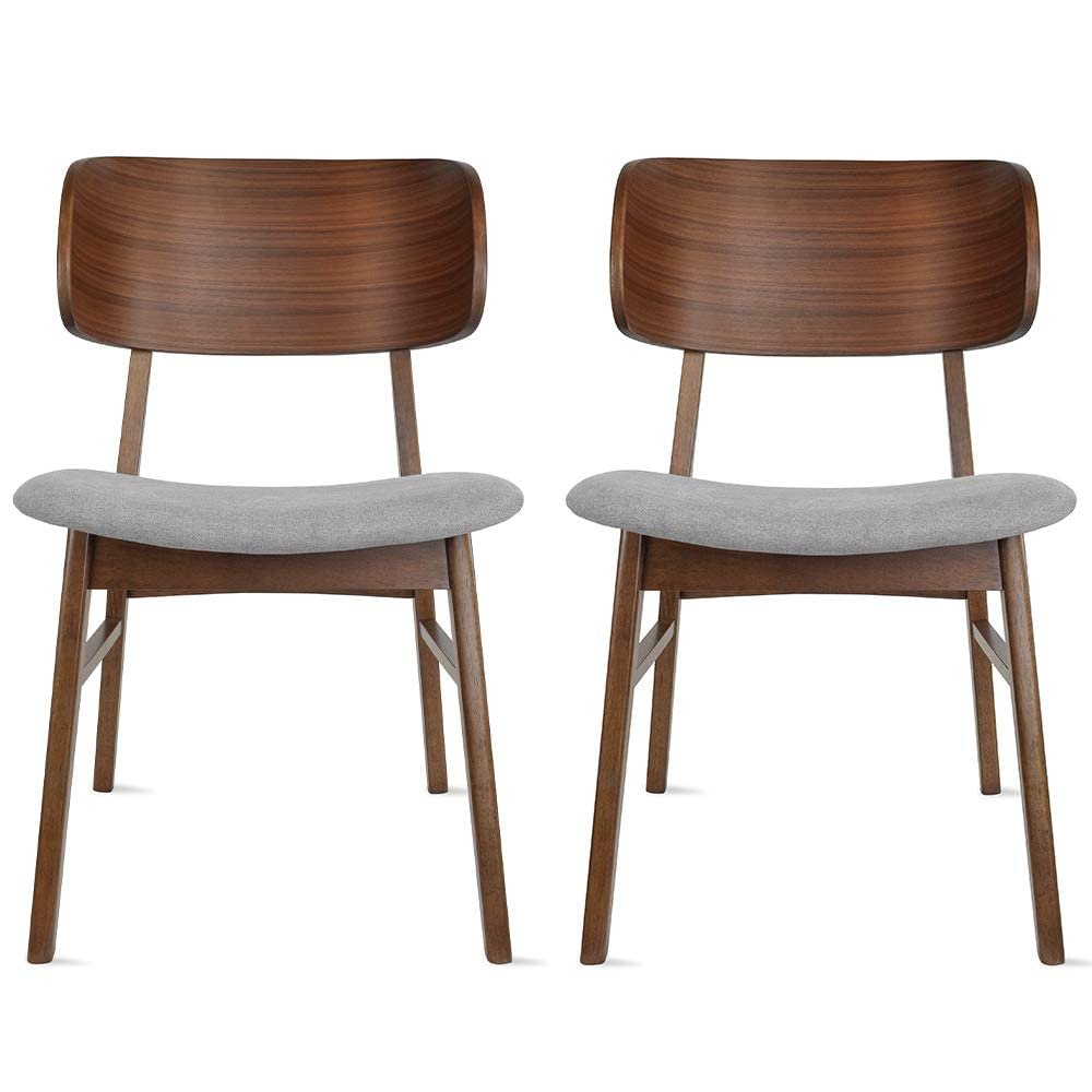 2xhome Modern Farmhouse Walnut Wood Finished Dining Chairs with Elbow Back, Upholstered Fabric Cushion Seat, Set of 2, Gray