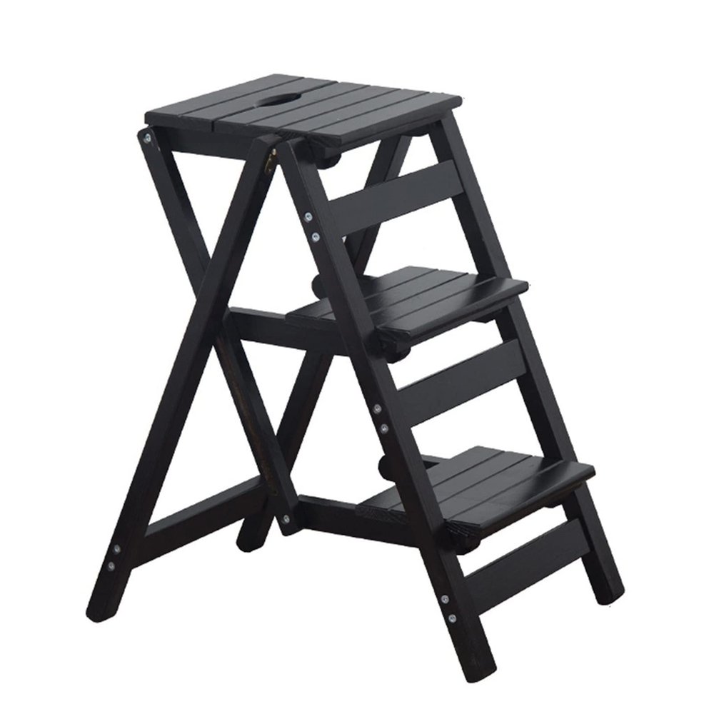 Hamankim Wooden Foldable Ladders 3 Step Stools Small Foot Chair Portable Multifunction Ladder Chair Home Library Climb Ladder Black Walnut Color