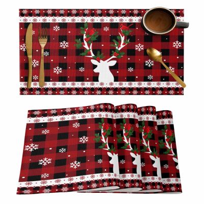 Heat Resistant Dining Table Place Mats Set of 4 Red and Black Buffalo Check Plaid Christmas Elk Snowflake Cloth Placemats Kitchen Table Mats for Family Dinners Parties Wedding, 13" x 19"