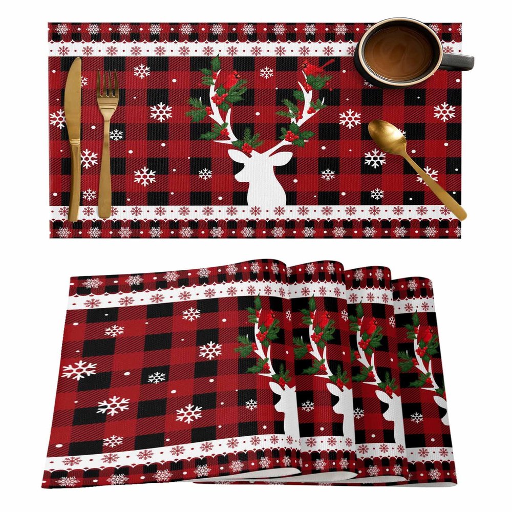 Heat Resistant Dining Table Place Mats Set of 4 Red and Black Buffalo Check Plaid Christmas Elk Snowflake Cloth Placemats Kitchen Table Mats for Family Dinners Parties Wedding, 13" x 19"