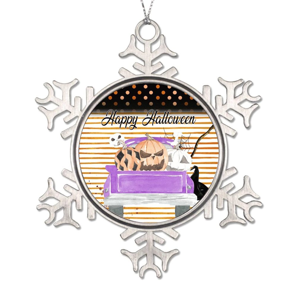 2022 Halloween Ornaments 3 Inch Pumpkin on Truck Snowflake Ornament Witch Hat Orange Polka Dots Stripe Night Before Christmas Tree Hanging Ornament Gothic Snowflake Metal Keepsake Gift