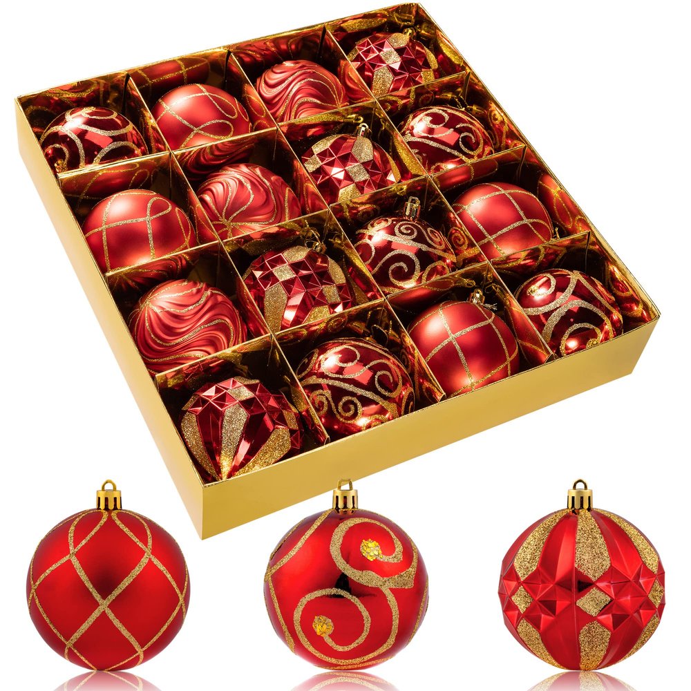 3.15" Christmas Ball Ornaments Set, 16pc Red Xmas Tree Ornaments Decoration, Shatterproof Large Decorative Hanging Balls with Loop for Christmas Party Holiday Wreath Garland Home Decor