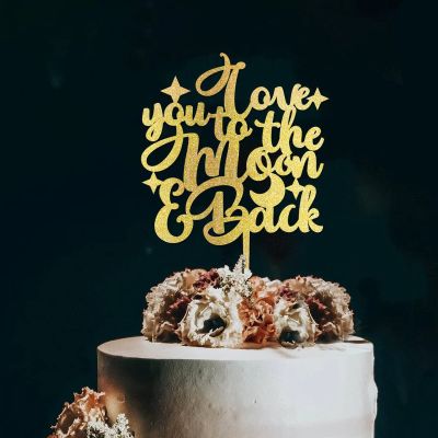 Love You To The Moon Happy Birthday Cake Picks Monogram Wood Cake Topper Wedding Birthday Baking Dessert Decorations Custom Glitter Gold Cake Accessories for Anniversary Engagement Party Suppliers