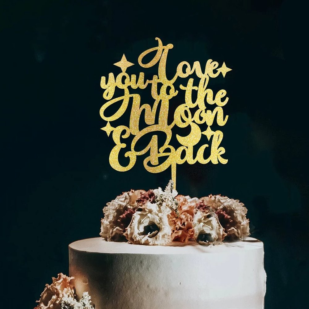 Love You To The Moon Happy Birthday Cake Picks Monogram Wood Cake Topper Wedding Birthday Baking Dessert Decorations Custom Glitter Gold Cake Accessories for Anniversary Engagement Party Suppliers