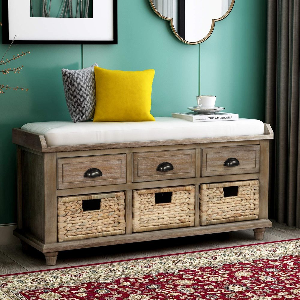 XD Designs Wood Storage Bench with 3 Drawers and 3 Wicker Baskets, Home Collection Shoe Bench with Removable Cushion for Entryway Hallway Living Room (White Washed)
