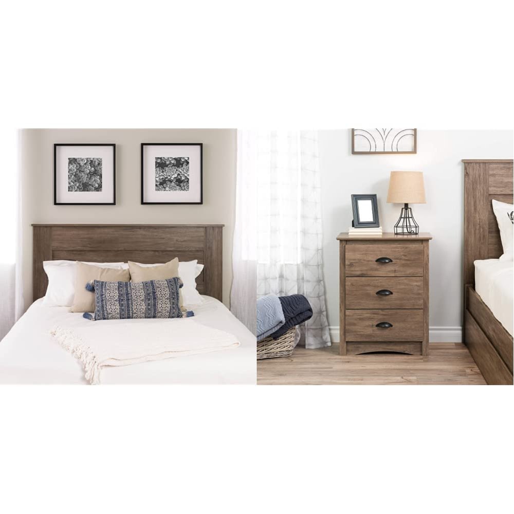 Prepac Stylish Flat Wood Panel Headboard for Queen Size Beds, Simplistic Wooden Queen Headboard (2.25" D x 64.5" W x 48" H) and Prepac Salt Spring Rustic Tall Nightstand Side Table with 3 Drawers, Farmhouse Tall 3-Drawer Bedside Table (16" D x 23" W 