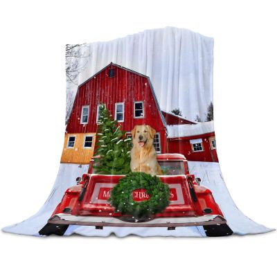 Christmas Blanket, Christmas Truck with Golden Retriever to Farm Barn Untra Soft Flannel Fleece Throw Blankets Warm Fuzzy Microfiber Blankets Ideal for Bed Sofa Living Room Bedroom 59'' x 79''