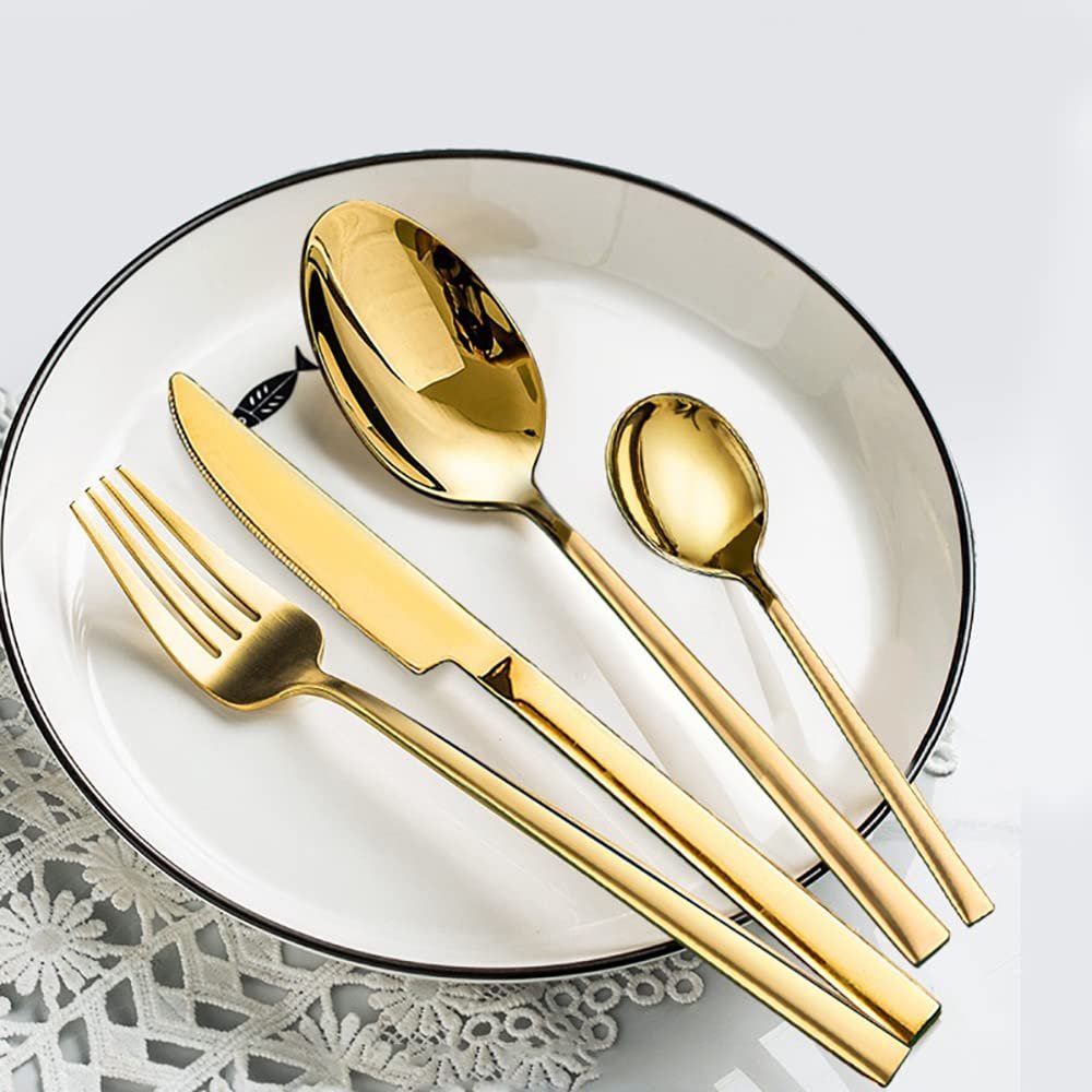 40 Piece Gold Silverware Set for 10 Durable 18/10 Stainless Steel Flatware Sets Square Tableware Include Forks and Spoons Knifes Teaspoons Kitchen Wedding Restaurant Delicate Cutlery Utensils Set