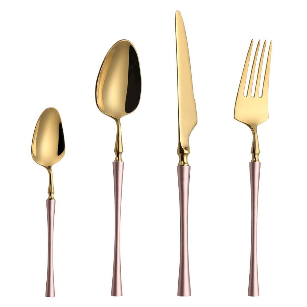 56 Piece Pink Gold Silverware Set for 14 Flatware Sets 18/10 Stainless Steel Durable Home Kitchen Wedding Restaurant Cutlery Utensils Include Teaspoons Forks and Spoons Delicate Tableware Set