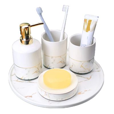 Ryakos Bathroom Accessories Sets Bathroom Accessory Set Marble Look Ceramics Bathroom Vanity Countertop Accessory Set Bathroom Dcor Accessories Soap Dispenser Set (Color : A, Size : 5-Piece Set)