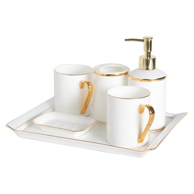 Ryakos Bathroom Accessories Sets Ceramics Bathroom Accessories Set White Bathroom Vanity Countertop Accessory Set European Simple Style Set Soap Dispenser Set (Color : White, Size : 6pcs)