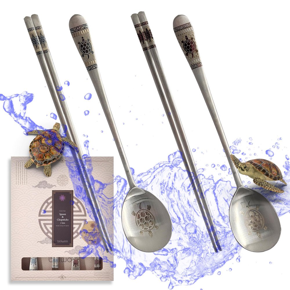 BALWOO [Made in Korea] Hologram Turtle Design Korean Table Sticky Rice Spoon and Chopsticks 304 Stainless Steel Flat Chopsticks Matt Surface Mukbang Cutlery (Blue and Red)