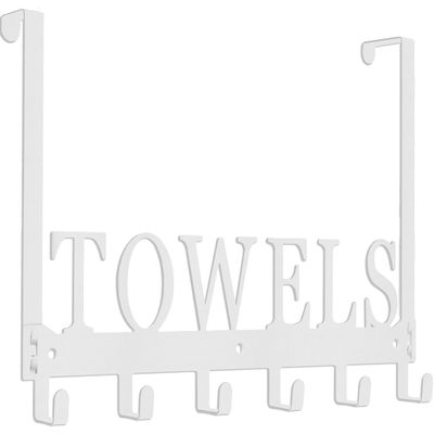 Over The Door Rack, Towel Hooks for Bathroom, Bath Towel Holder Door Mount Metal Towel Hanger for Bedroom Kitchen Pool Beach Towels Bathrobe Wall Mount Towel Rack for Bathrooms (6 Hooks, White)