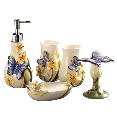 Ryakos Bathroom Accessories Sets Three Dimensional Relief Bathroom Accessories Set 5-Piece Ceramics Bath Accessory Butterfly Pattern Set Soap Dispenser Set (Color : A)