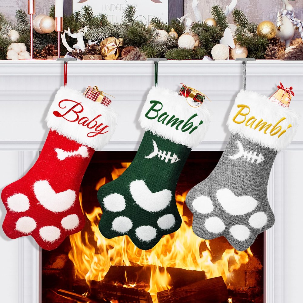 DegGod Personalized Christmas Pet Paw Stockings with Names, 5 Pack Custom Embroidery Xmas Knitted Dog Cat Stocking with Faux Fur Cuff, Red Green Gray Pet Gift Bag for Xmas Tree Fireplace Decoration