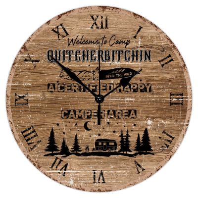 15 Inch Wood Wall Clock Non-Ticking Lightweight Welcome to Camp A Happy Camper Area Round Wood Clock Classic Vintage Style Wall Clock Suitable for Study Bedroom Bathroom Accurate Clock Wall Decor