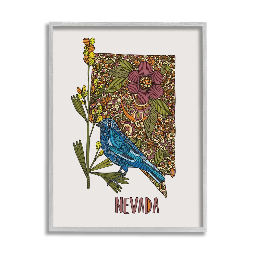 Stupell Industries Nevada Bluebird State Flower Intricate Botanical Pattern Framed Wall Art, Design By Valentina Harper