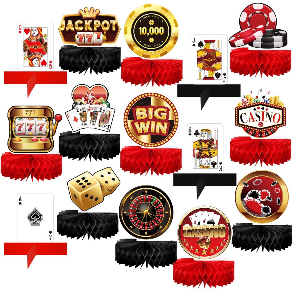 16 Pcs Casino Theme Party Decorations Poker Dice 3D Honeycomb Centerpieces for Tables Casino Cards Set Table Toppers for Photo Booth Las Vegas Party