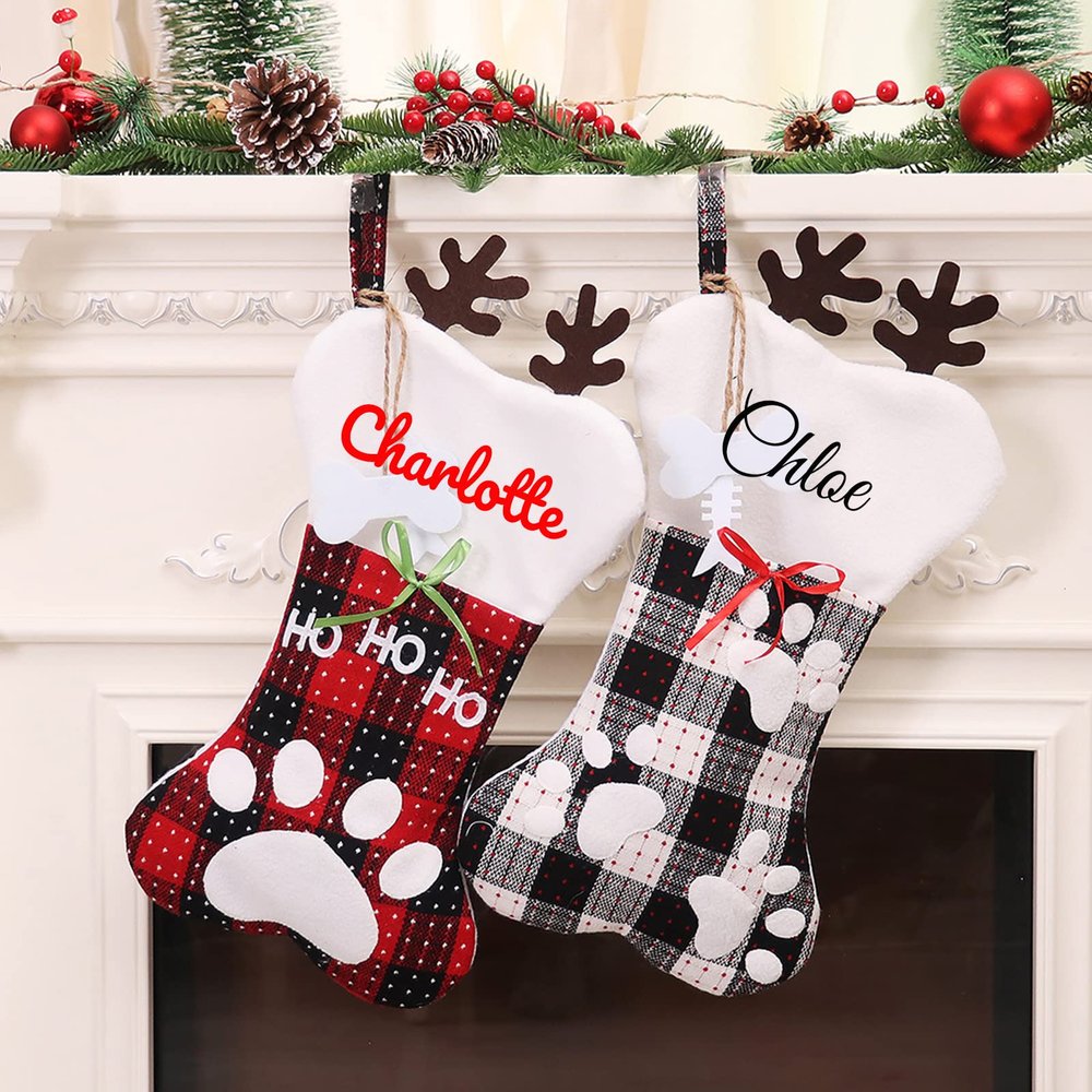 DegGod Personalized Christmas Pet Bone Stockings with Names, 6 Pack Custom Xmas Red and Black Buffalo Plaid Dog Cat Paw Hanging Stocking Gift Bag for Xmas Tree Fireplace Decoration