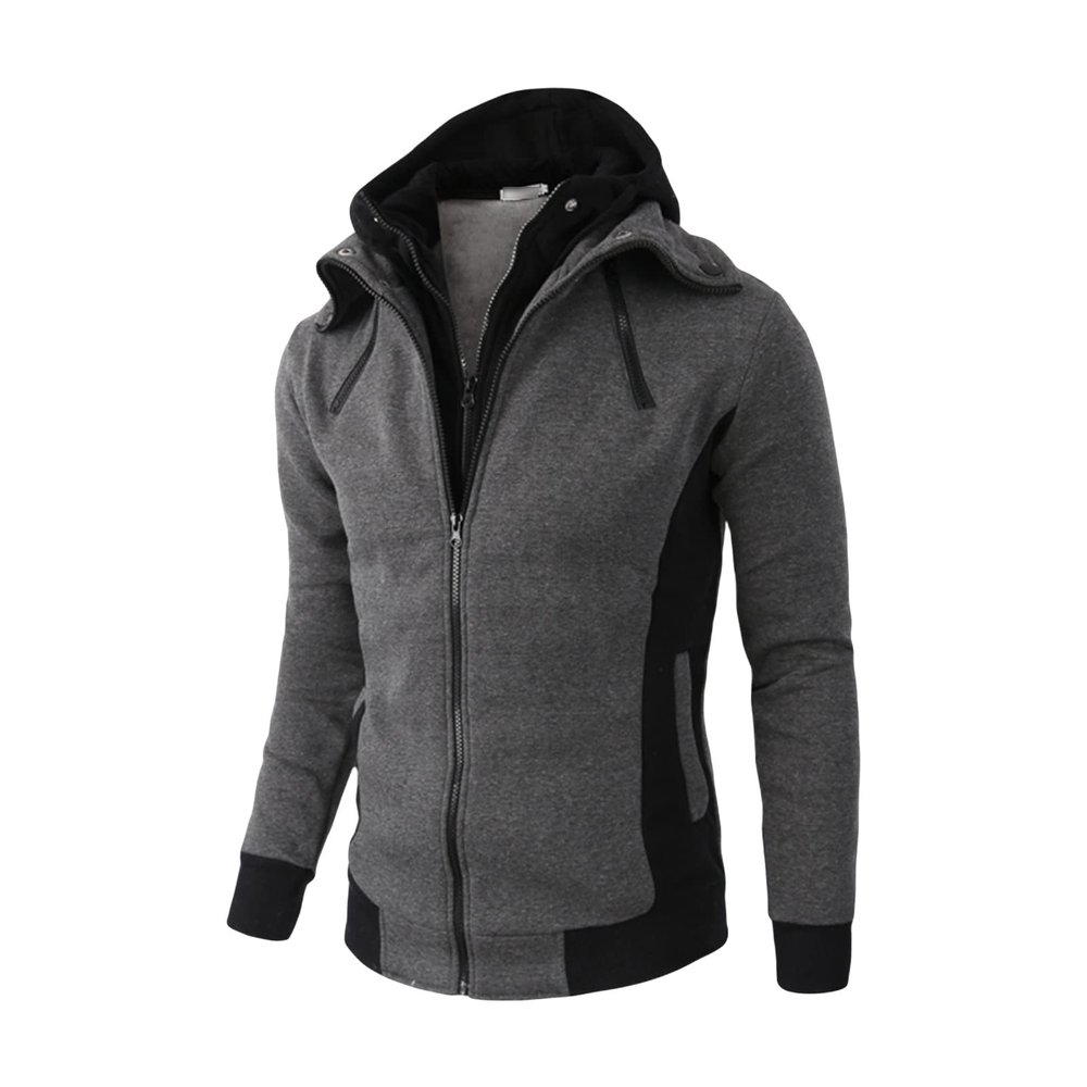 Men's Double Zipper Turtleneck Fleece Hoodie Lightweight Zip Up Hooded Jacket Long Sleeve Sweatshirt with Pocket (Dark Grey,X-Small)