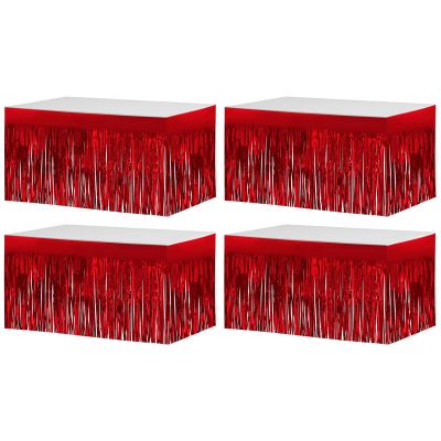 4 Pack 29x108 Inch Metallic Foil Fringe Tinsel Table Skirts for Rectangle Tables Streamer Backdrop for Wedding, Birthday, Parade Floats, Christmas, Halloween Party Decoration(Red)