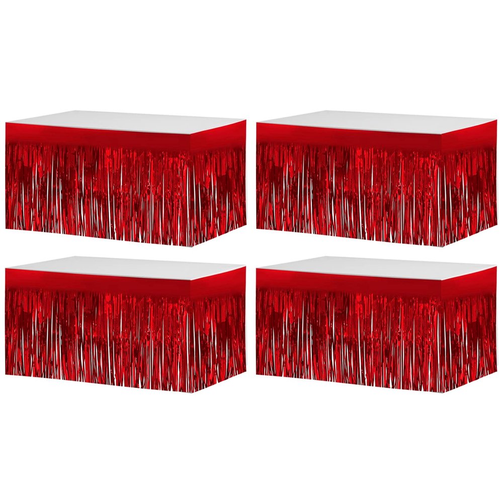 4 Pack 29x108 Inch Metallic Foil Fringe Tinsel Table Skirts for Rectangle Tables Streamer Backdrop for Wedding, Birthday, Parade Floats, Christmas, Halloween Party Decoration(Red)