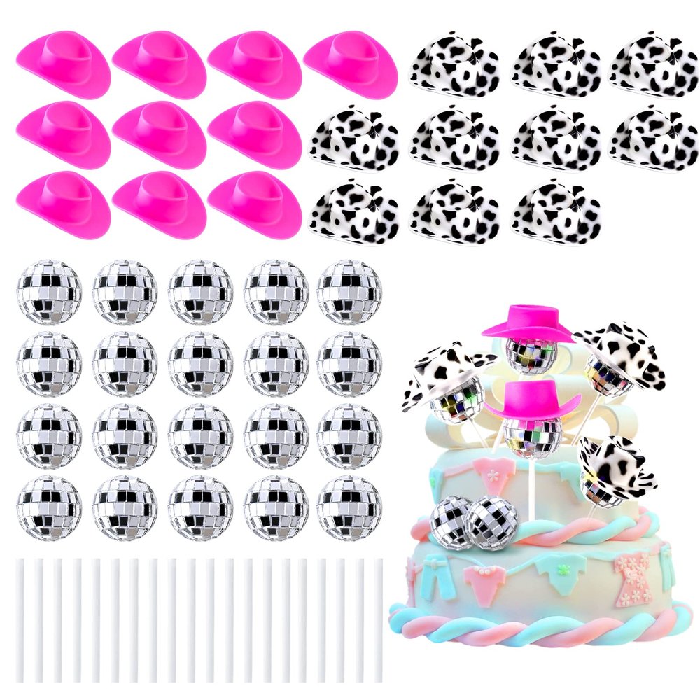 60Pcs Disco Cowgirl Pary Cake Decoration, 20Pcs Disco Ball Cup Toppers 10Pcs Mini Pink Cowgirl Hats 10Pcs Cow Print Cowboy Hats Westen Cowgirl Party Birthday Table Decor