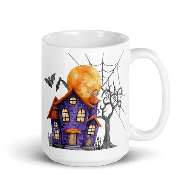 j and P Enterprises: "Retro Haunted House" Halloween White Glossy Mug, Haunted House Mug, Spooky Halloween Mug