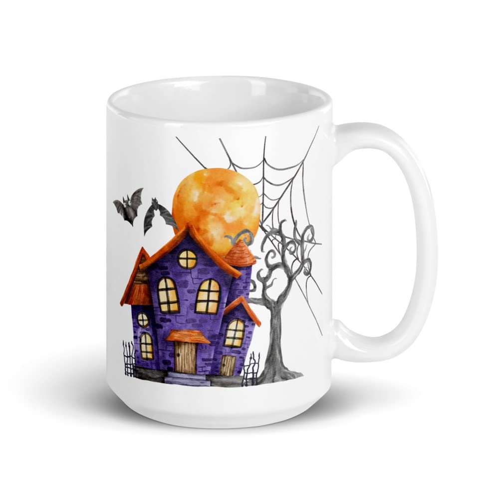 j and P Enterprises: "Retro Haunted House" Halloween White Glossy Mug, Haunted House Mug, Spooky Halloween Mug